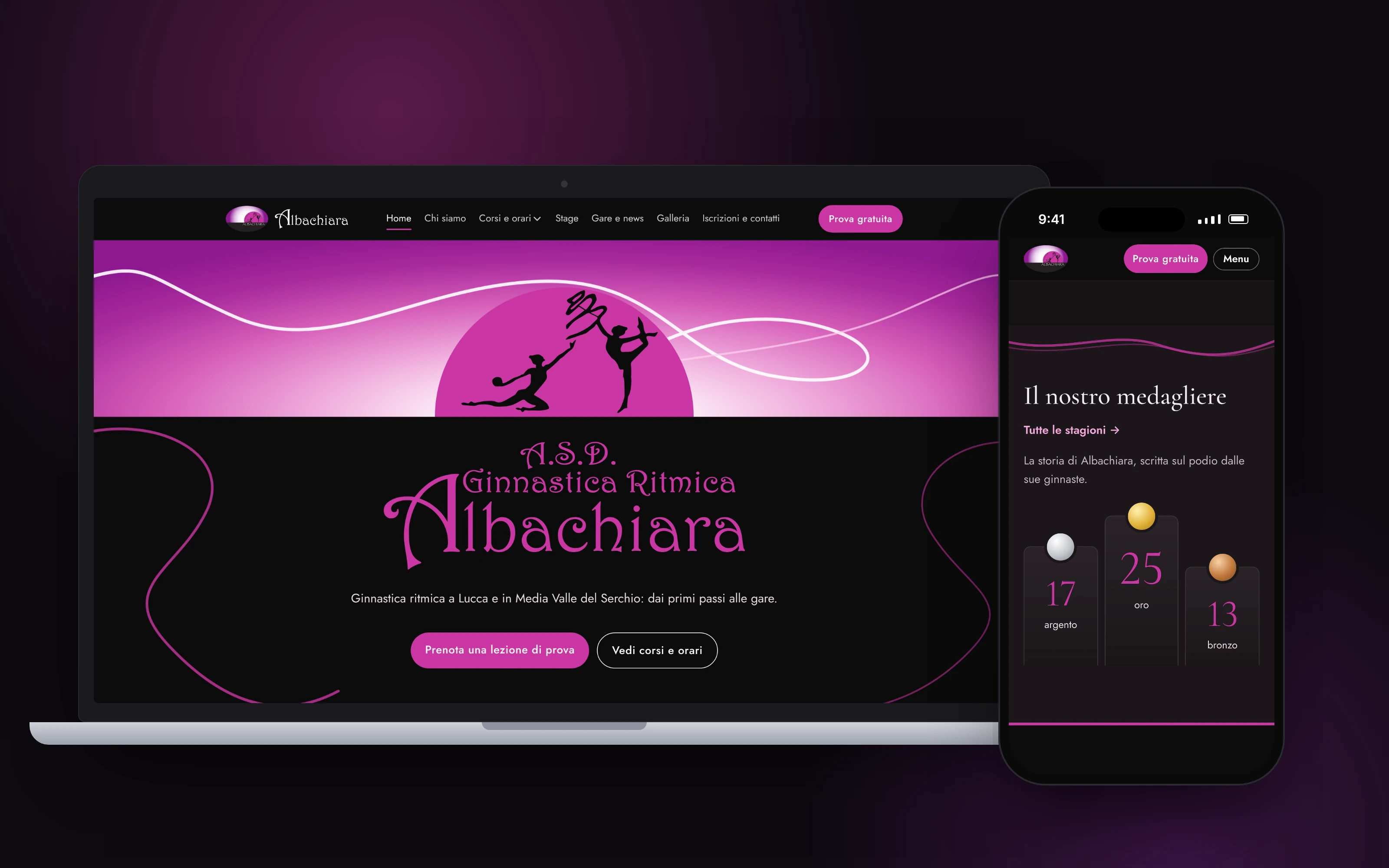 Il sito dell'associazione di ginnastica ritmica Albachiara su computer e telefono: la home e il medagliere