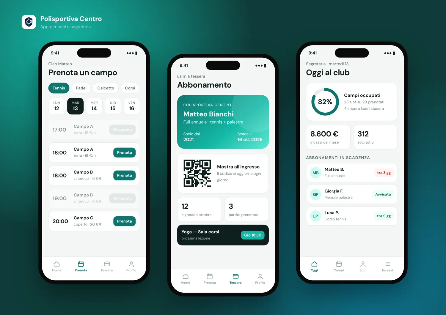 Esempio di app per un club sportivo, su smartphone